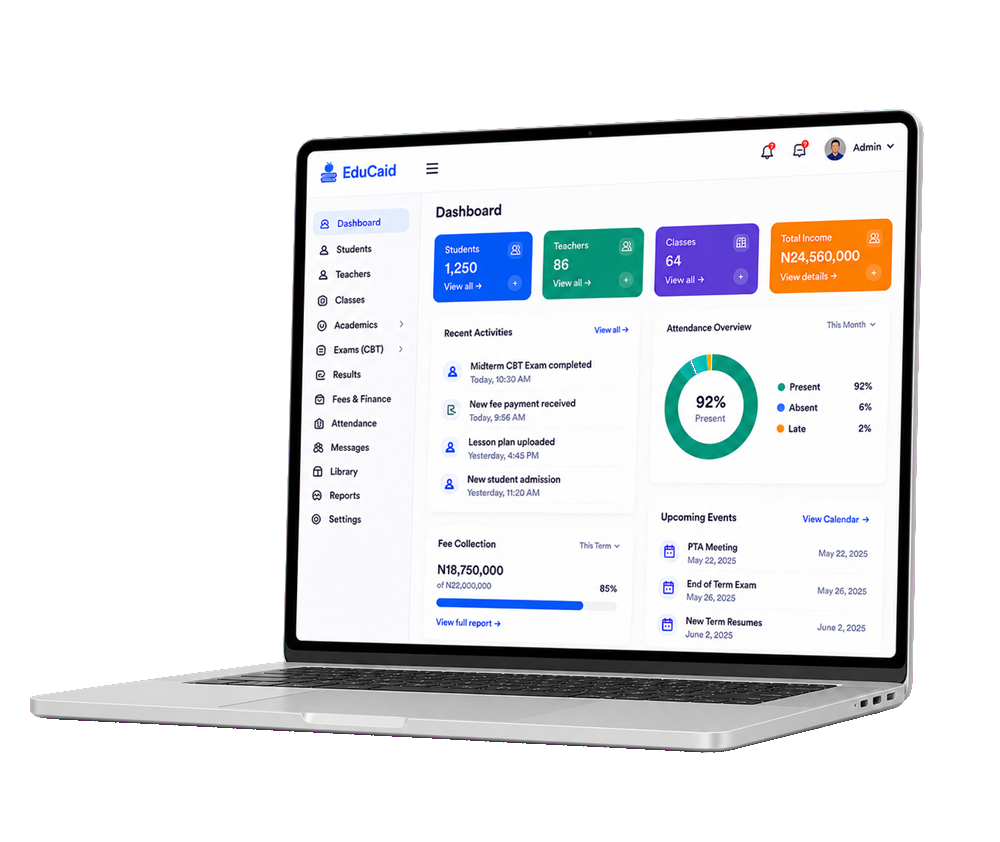 EduCaid platform dashboard displayed on a complete laptop